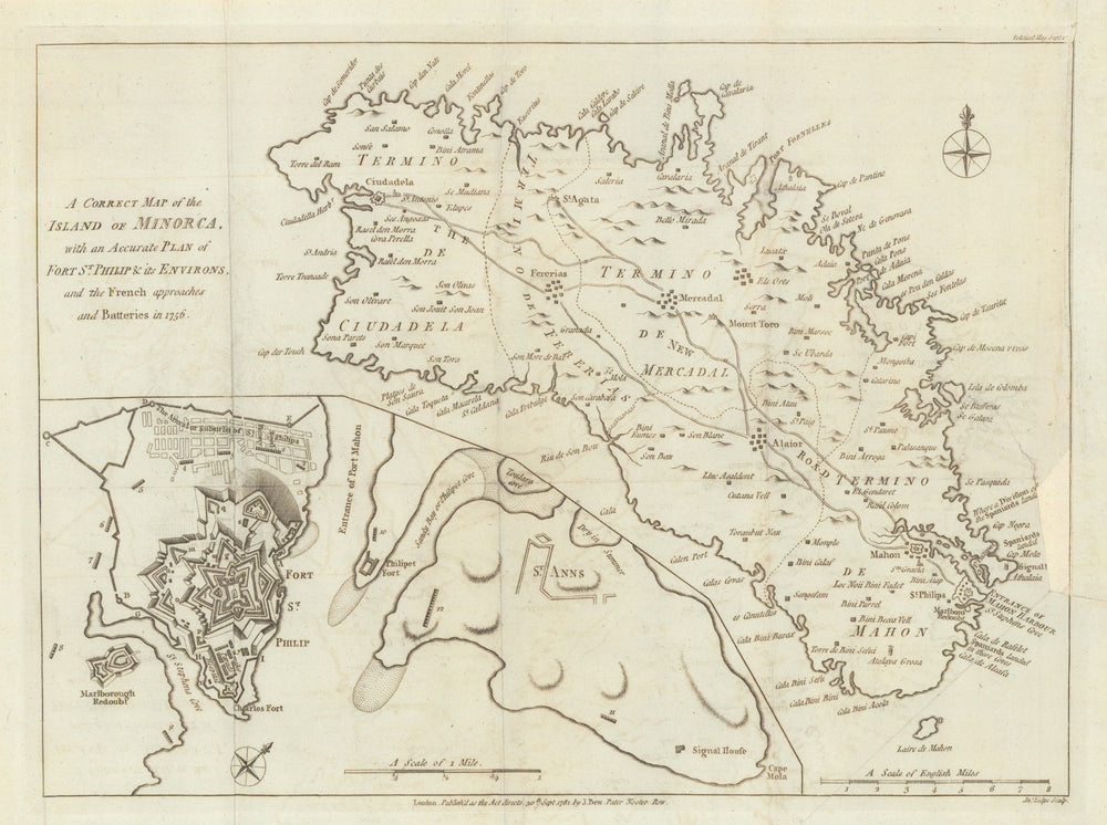 A Correct map of Minorca with a… Plan of Fort St. Philip by John Lodge 1781