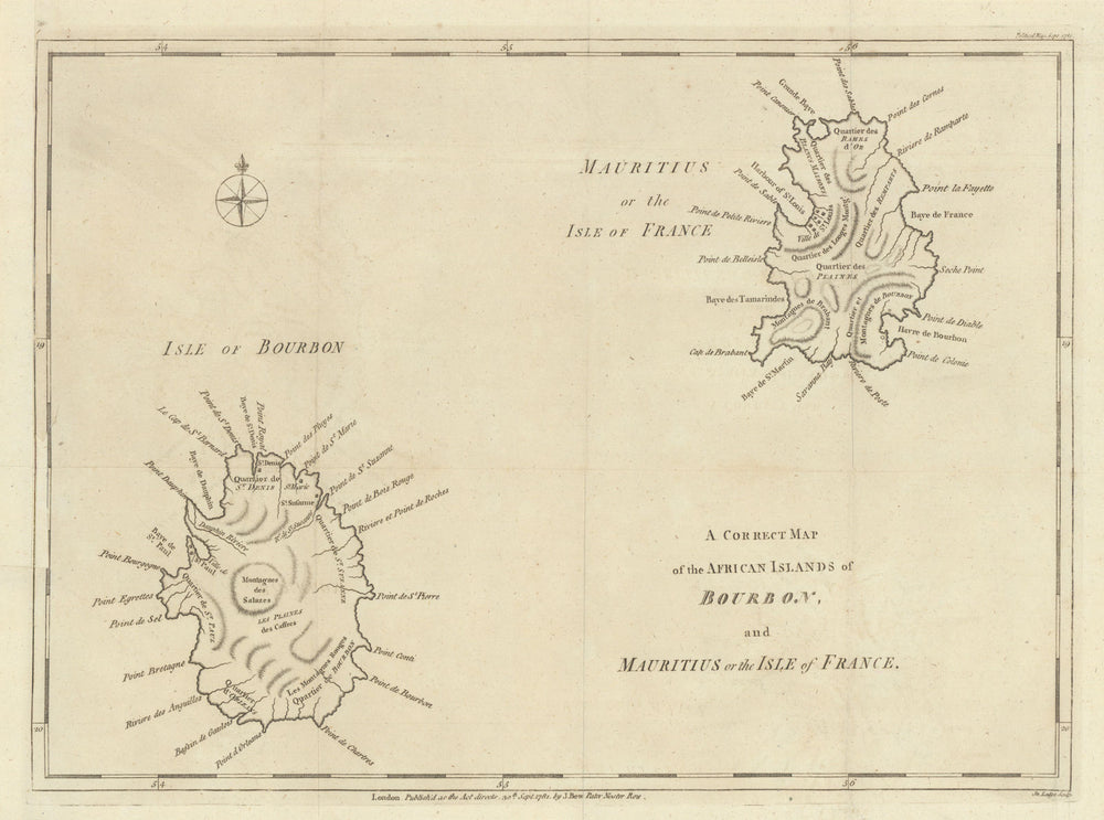A Correct Map of the African Islands of Bourbon & Mauritius. Réunion. Lodge 1781