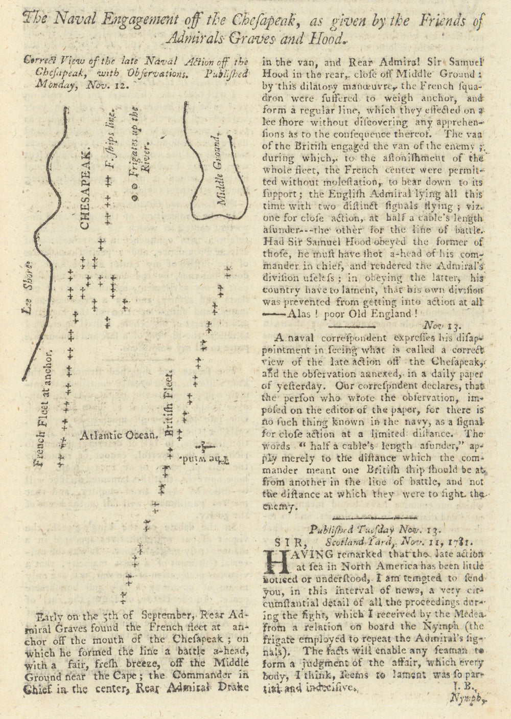 Correct View of the late Naval Action off the Chesapeak. Sketch map 1781