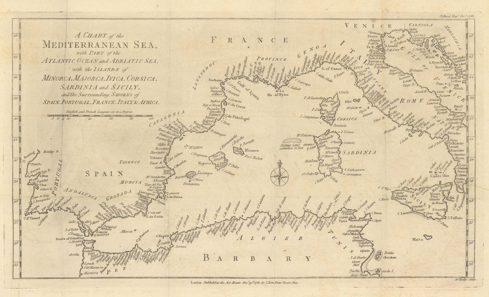A Chart of the Mediterranean Sea, with Part of the Atlantic. John Lodge 1781 map