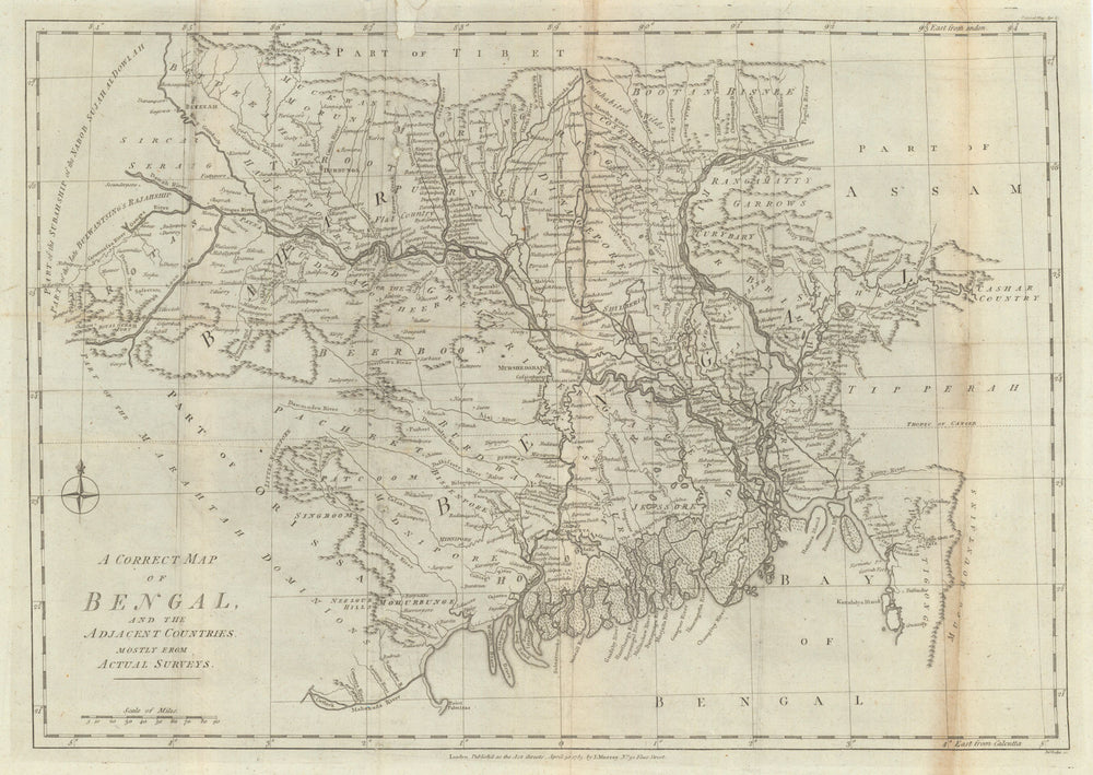 A Correct Map of Bengal and the Adjacent Countries… by John Lodge 1785 old