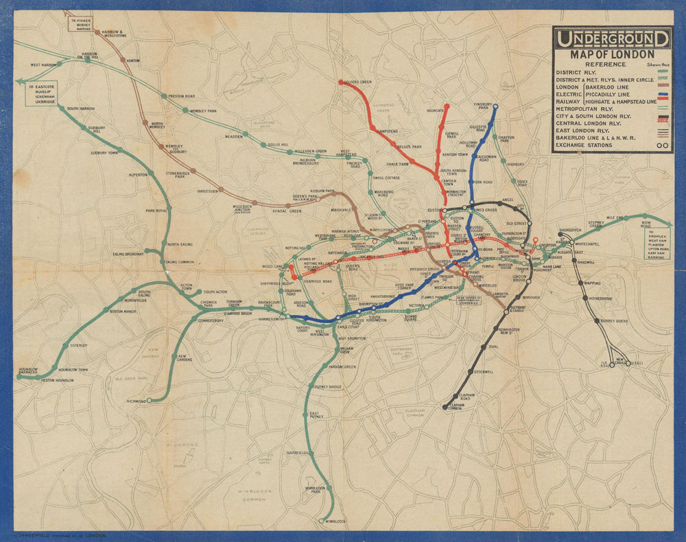 Underground Map of London. Map of the Electric Railways. What to See… June 1919