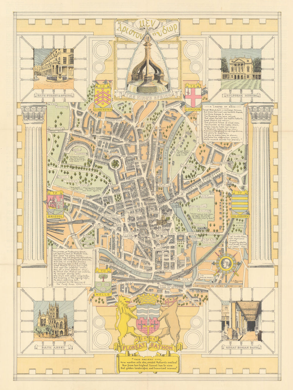 Floreat Bathon - This Ancient City… Bath pictorial map by Leslie Bullock 1941