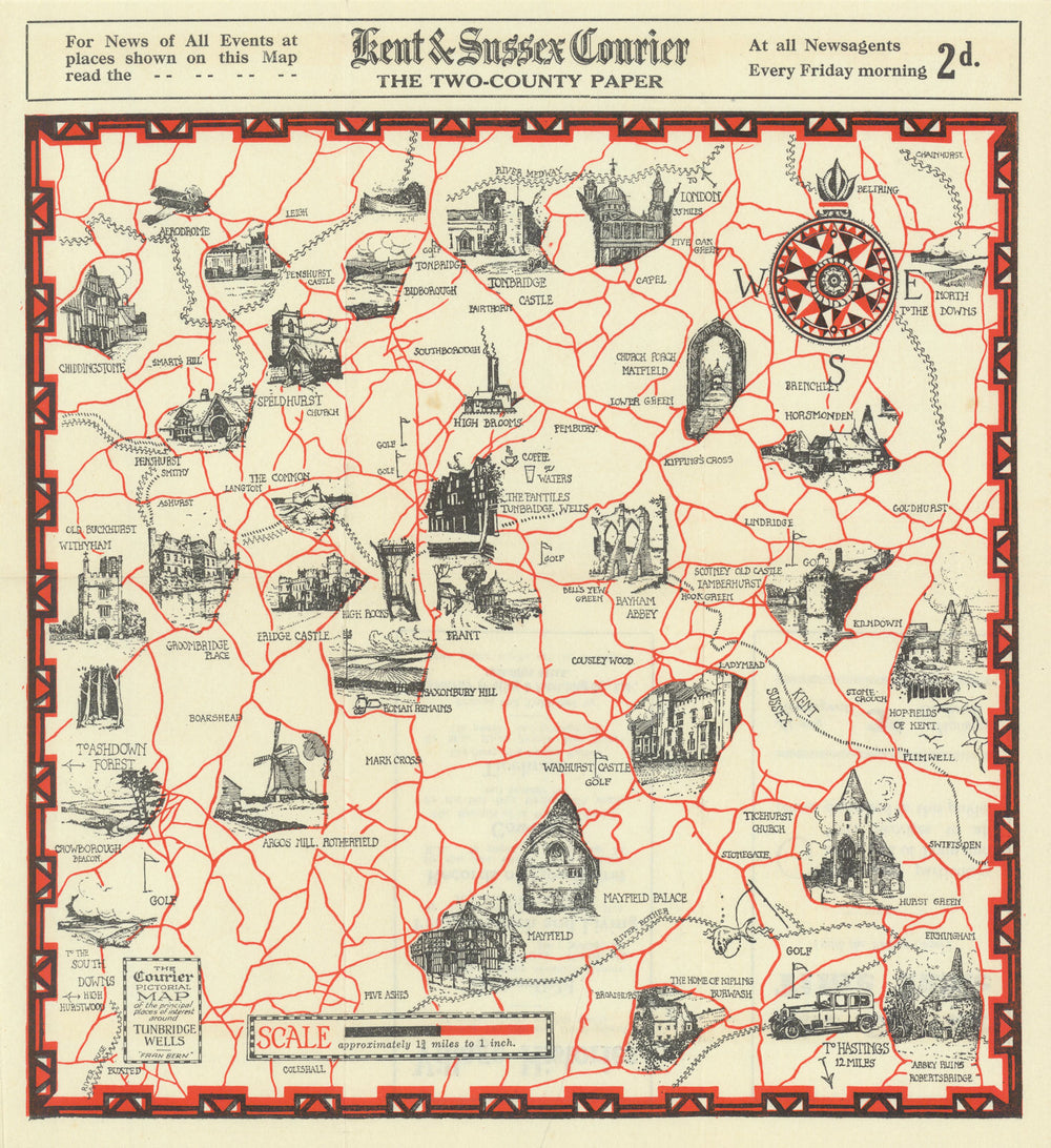 The Courier Pictorial Map of… places of interest around Tunbridge Wells c1925