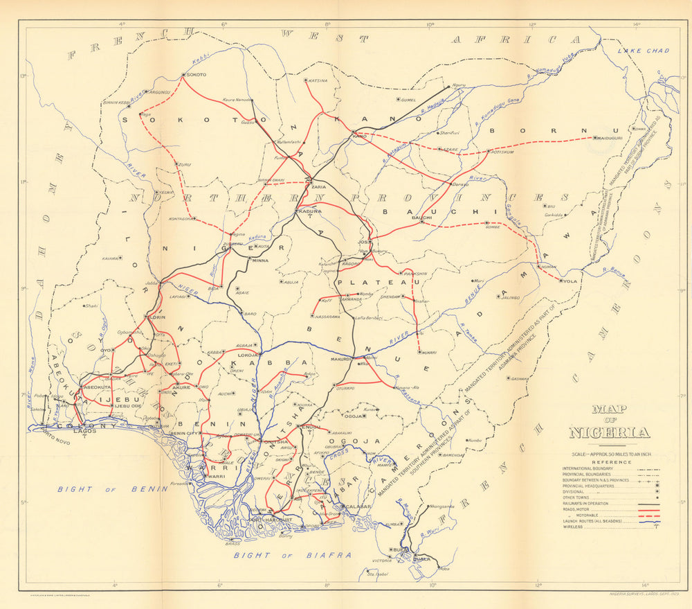Antique map of Nigeria by Nigeria Surveys, Lagos 1929 old chart