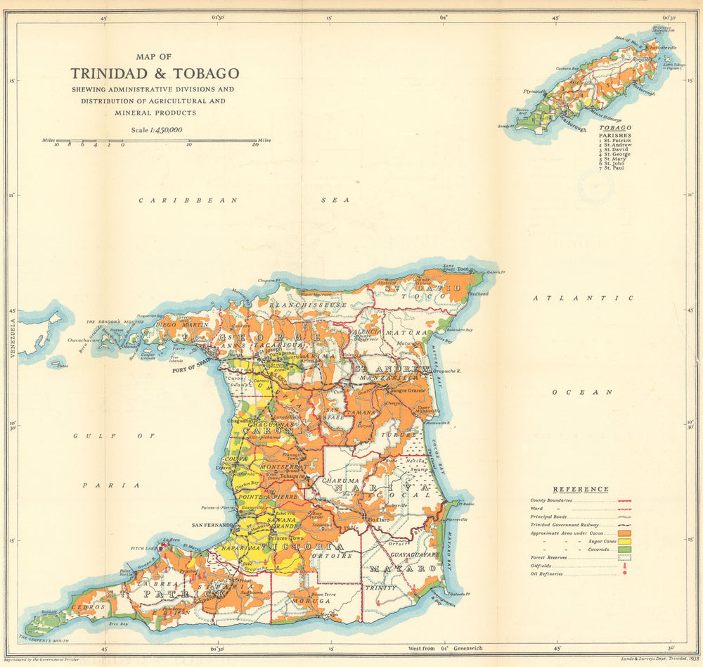 Trinidad & Tobago. Cocoa, sugar cane & coconut plantations. Oil fields 1938 map