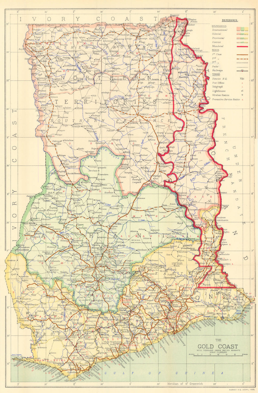 The Gold Coast with Togoland under British Mandate. Ghana & Togo 1938 map