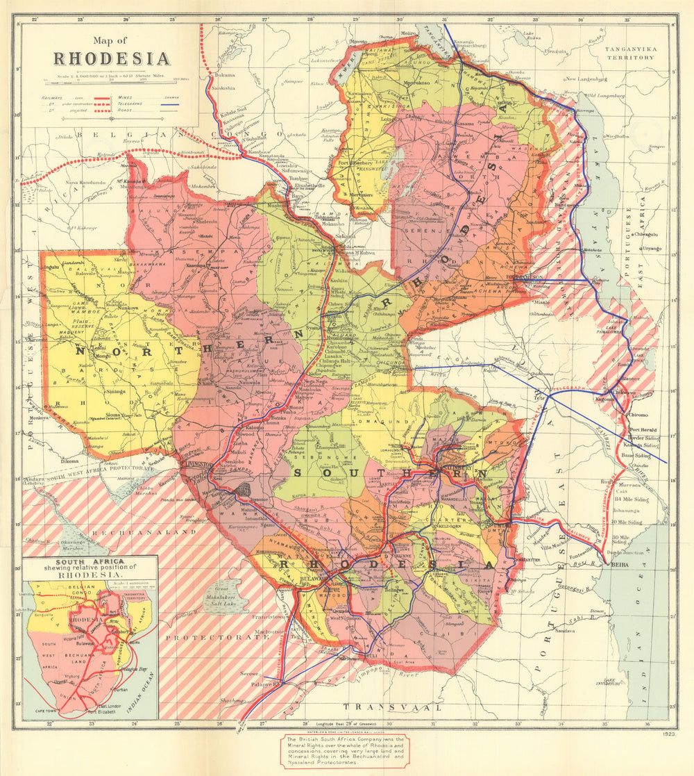 Rhodesia. British South Africa Co. Zimbabwe Zambia. Game Reserves Mines 1923 map