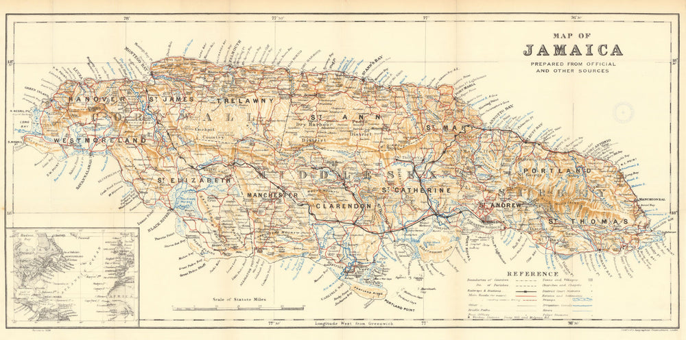 Map of Jamaica showing counties, parishes & railways by Edward Stanford 1938