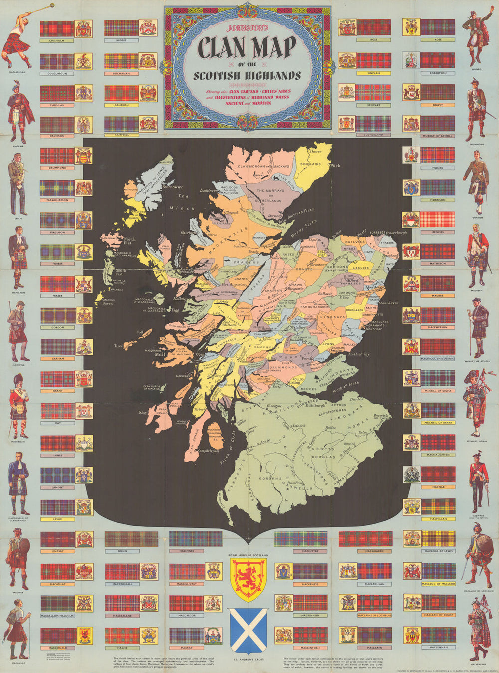 Johnston's Clan Map of the Scottish Highlands. Tartans Arms Dress 97x72cm c1956