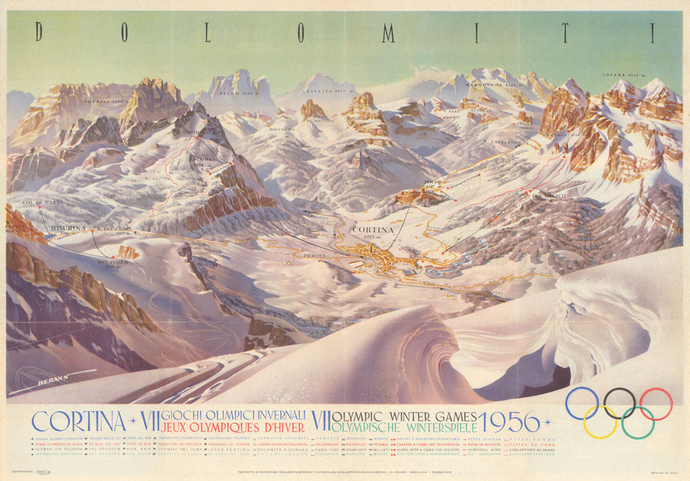 Cortina - VII Olympic Winter Games. Panorama & piste map by Heinrich Berann 1956