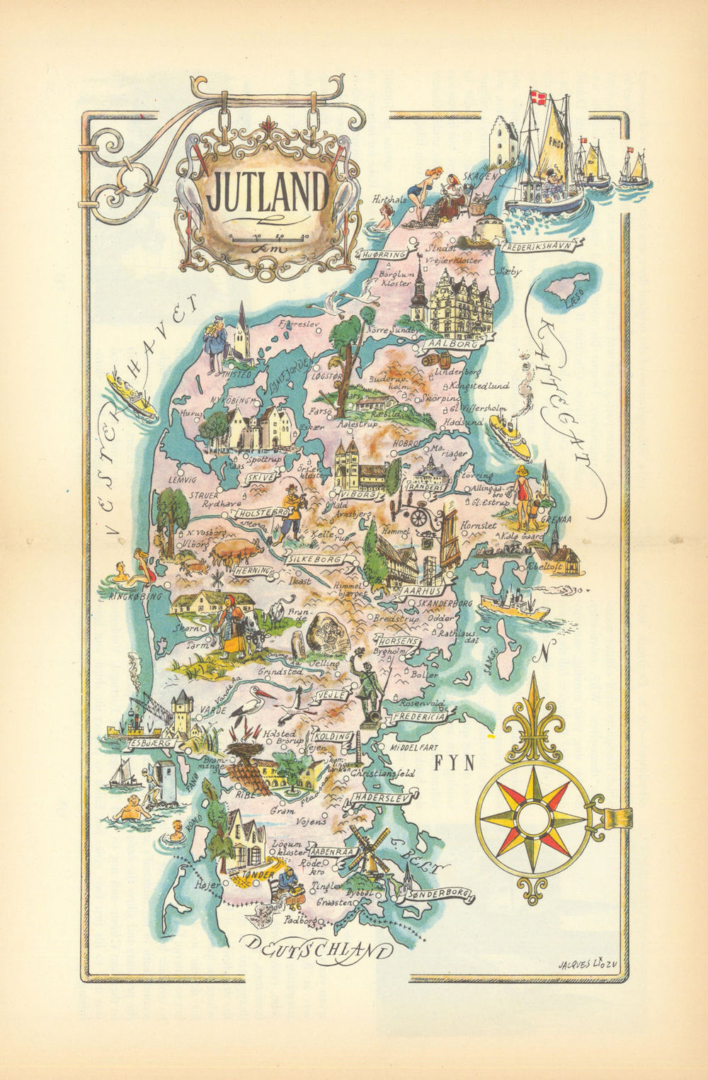 Jutland small pictorial map by Jacques Liozu. Denmark 1952 old vintage