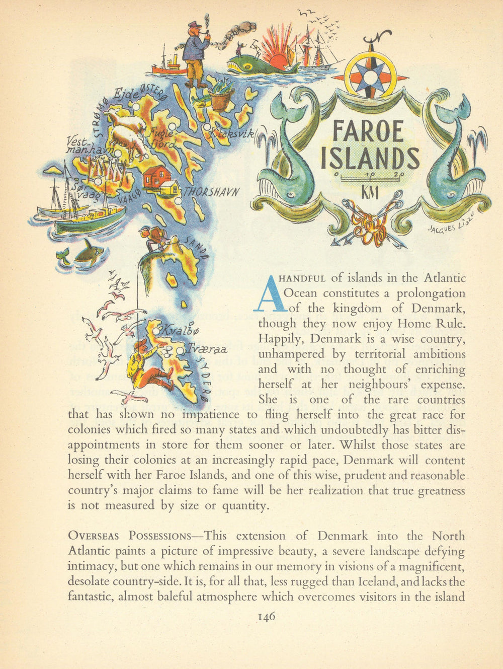 Faroe Islands small pictorial map by Jacques Liozu 1952 old vintage chart