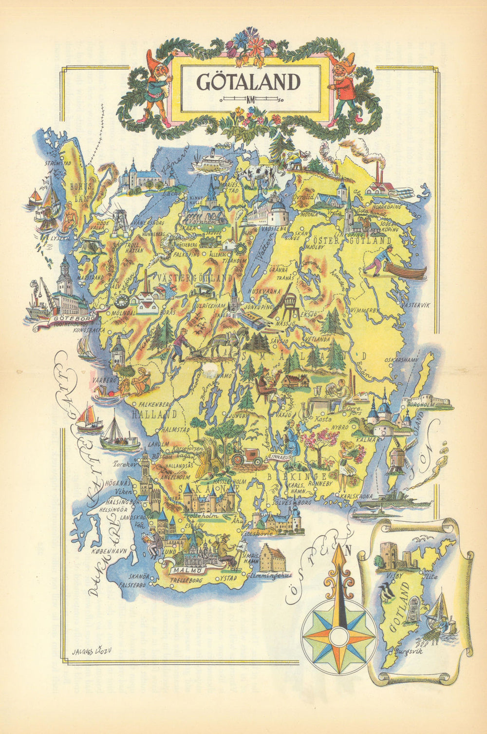 Götaland small pictorial map by Jacques Liozu. Sweden 1952 old vintage