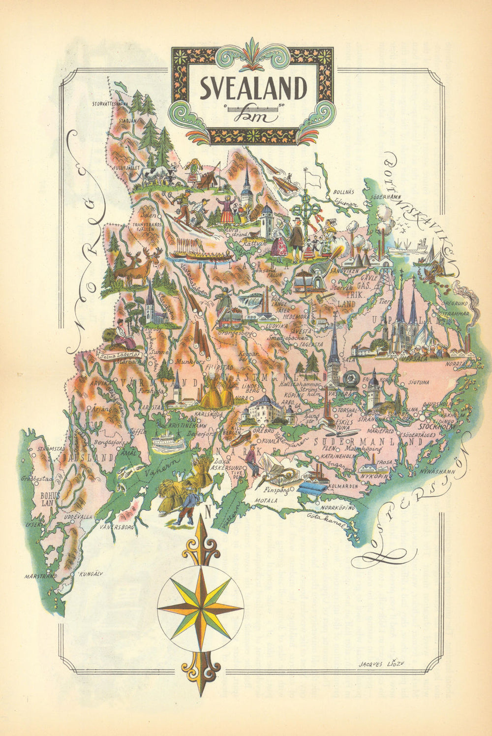 Svealand small pictorial map by Jacques Liozu. Sweden 1952 old vintage