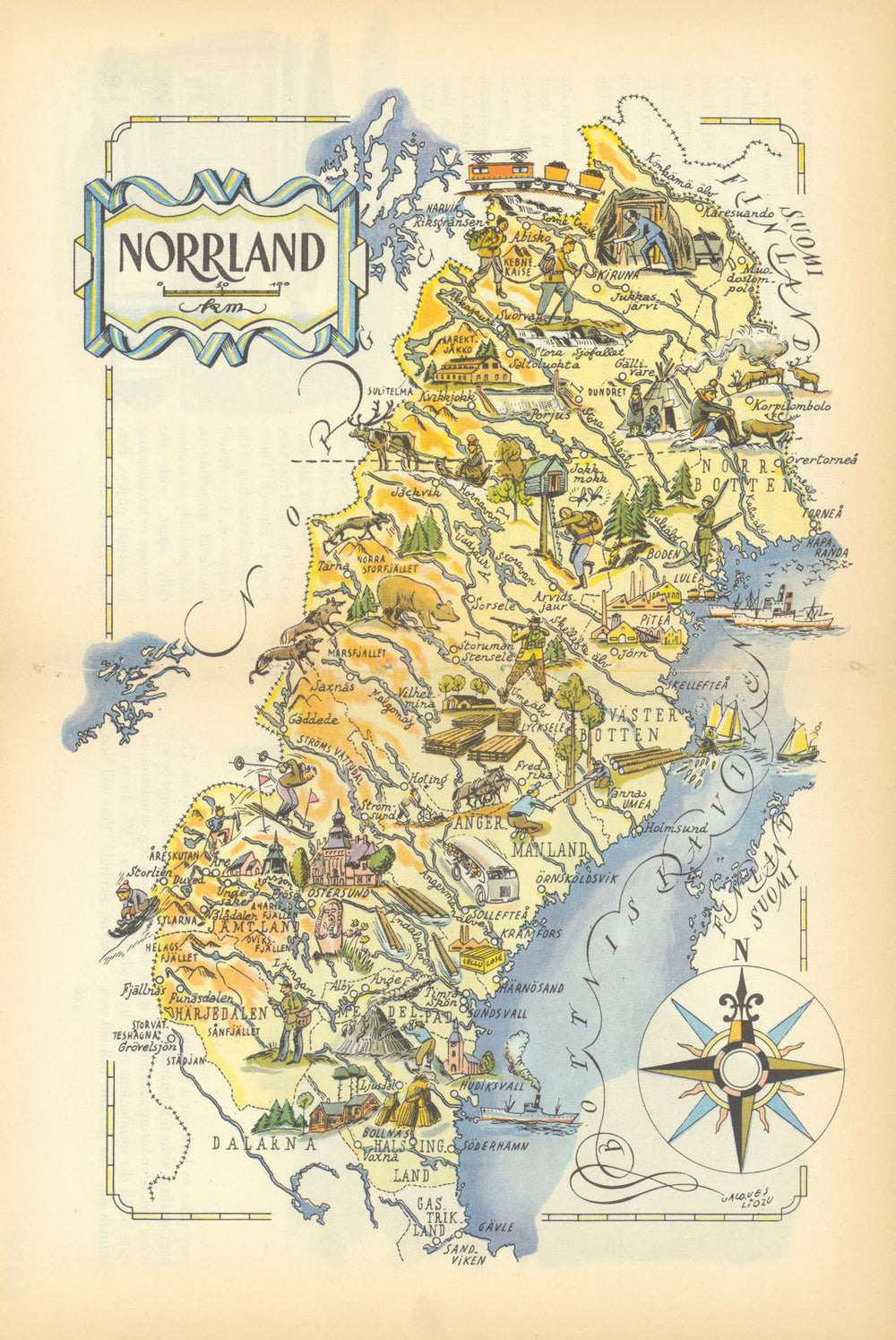 Norrland small pictorial map by Jacques Liozu. Sweden 1952 old vintage