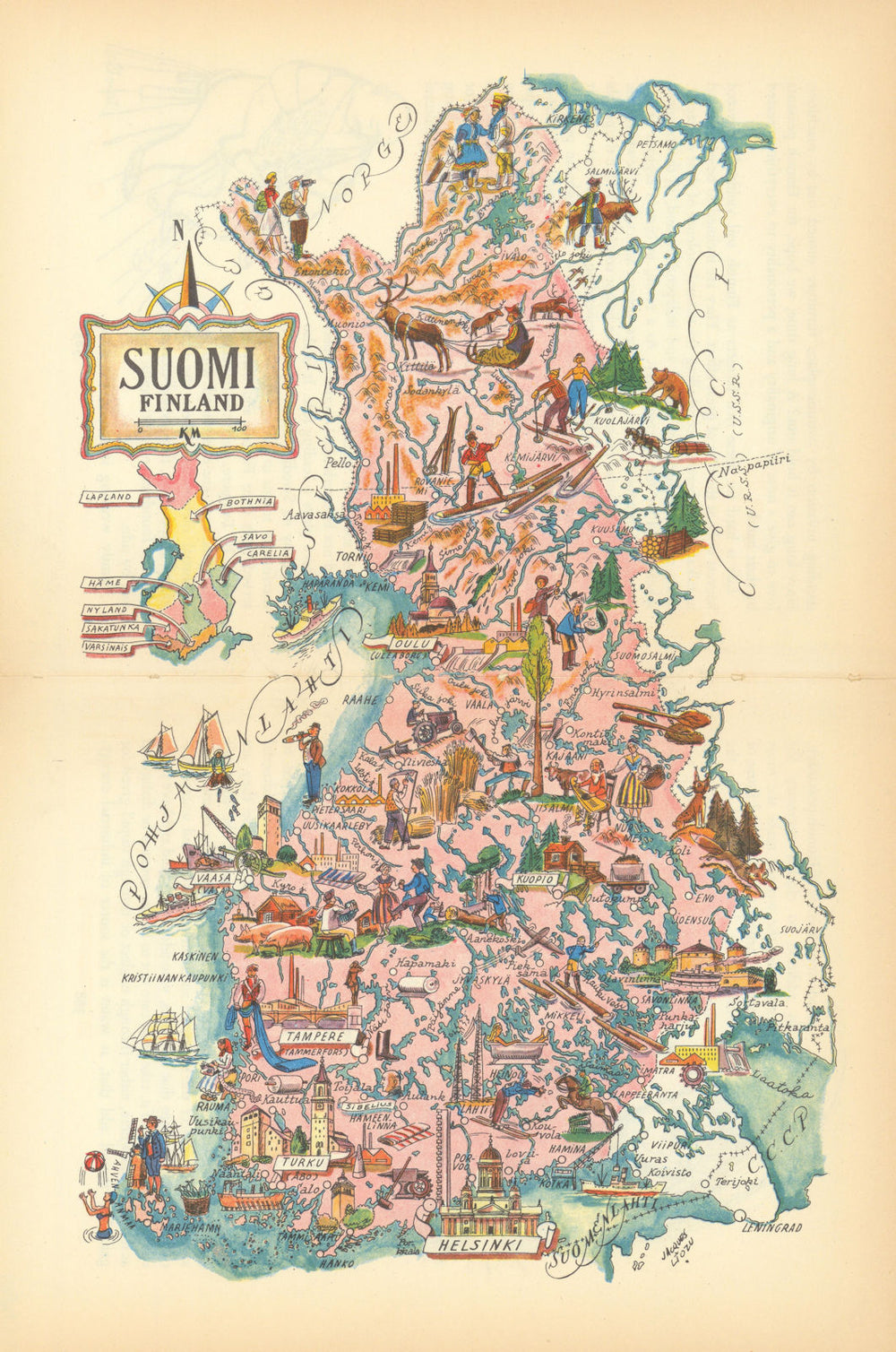 Suomi - Finland small pictorial map by Jacques Liozu 1952 old vintage