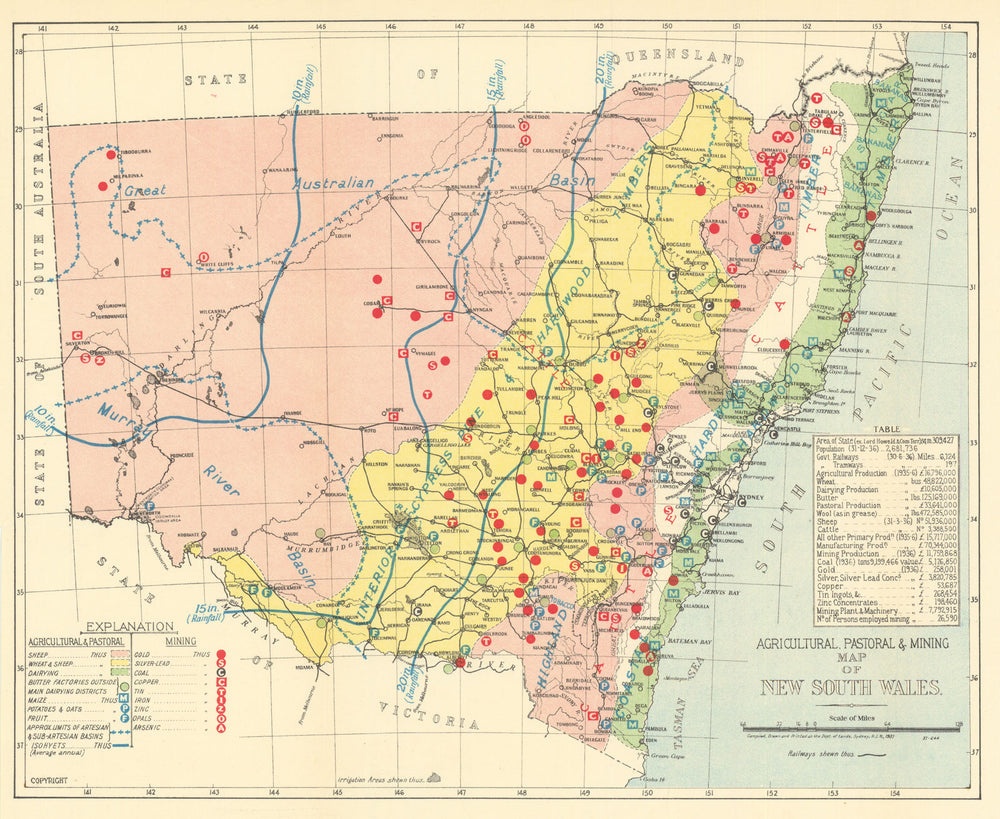 Agricultural, Pastoral & Mining Map of New South Wales. Gold metals 1938
