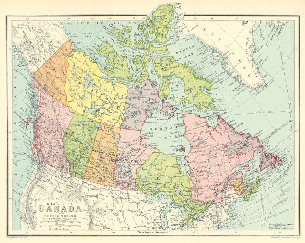 Dominion of Canada with Newfoundland by George Philip 1938 old vintage map