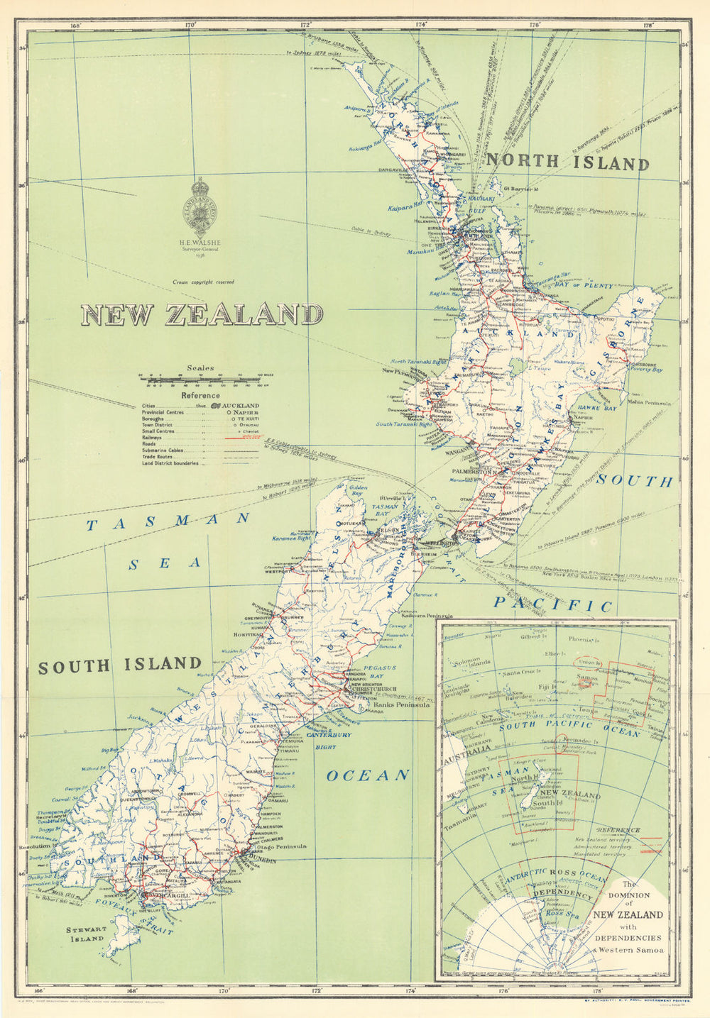 New Zealand showing Dependencies by H.E. Walshe, Surveyor General 1938 old map
