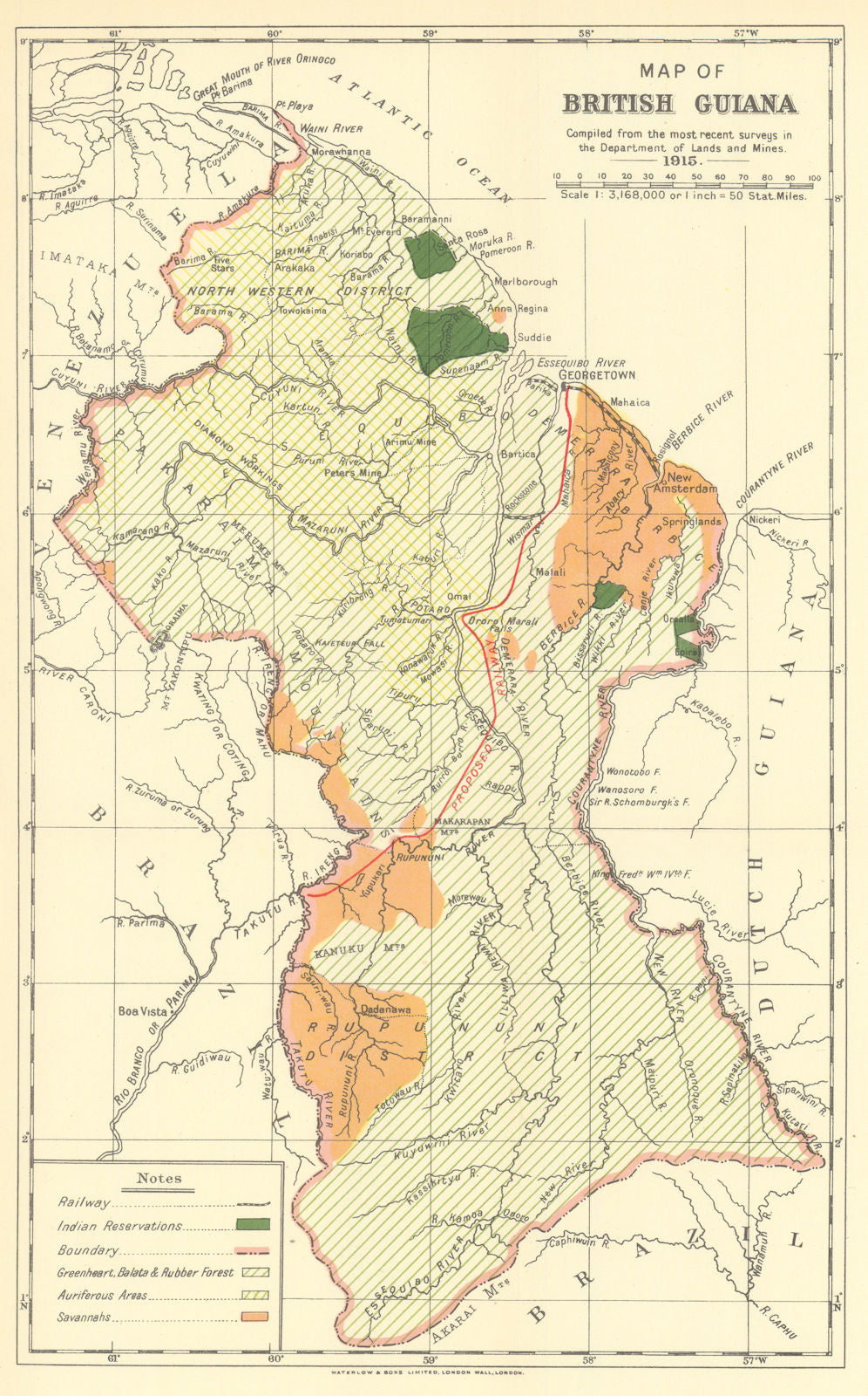 British Guiana showing Indian Reservations & Forests by Waterlow & Sons 1938 map