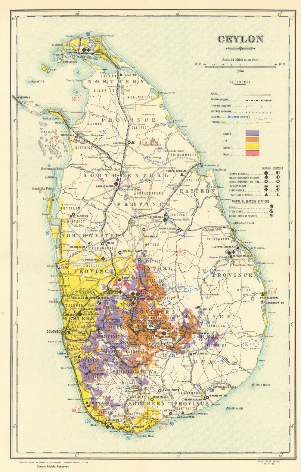 Ceylon. Sri Lanka. Rubber Tea Coconut Cacao & "Experiment stations" 1938 map