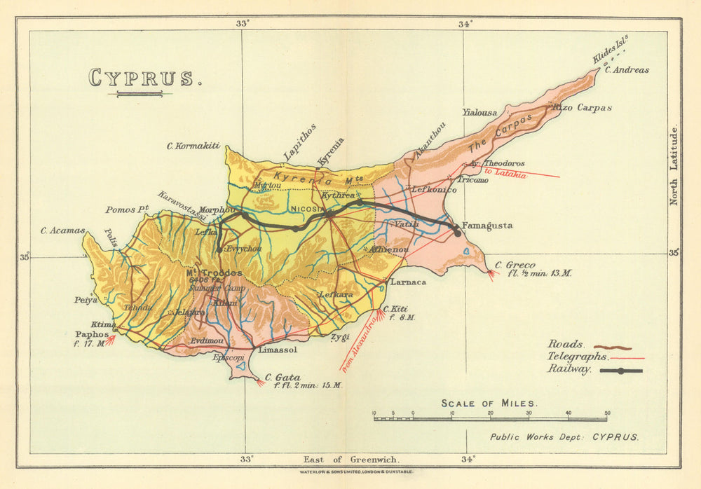 Cyprus by Waterlow & Sons. Roads telegraphs railways 1938 old vintage map