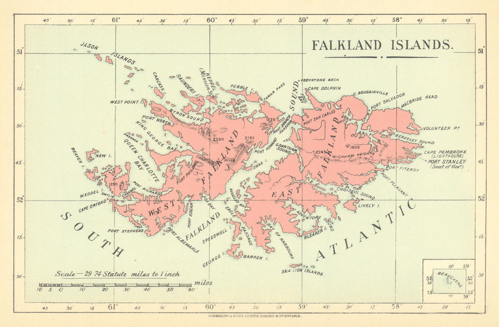 Falkland Islands by Waterlow & Sons 1938 old vintage map plan chart