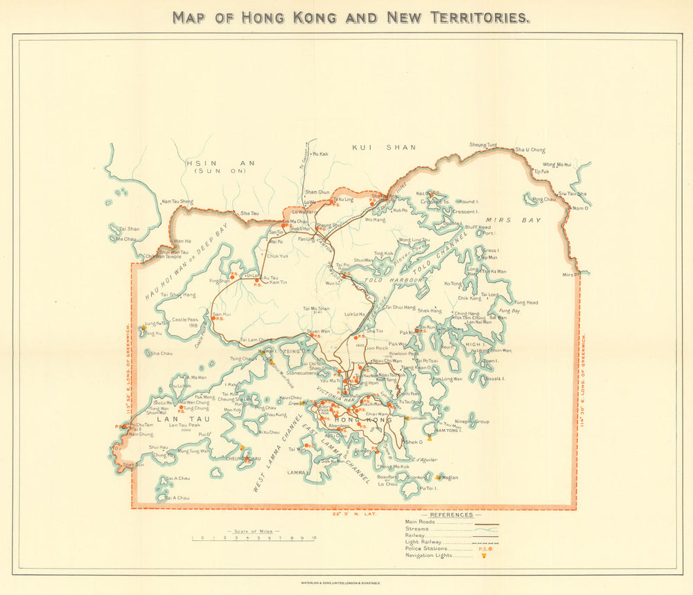 Hong Kong & New Territories. Police stations & Lighthouses. Waterlow 1938 map