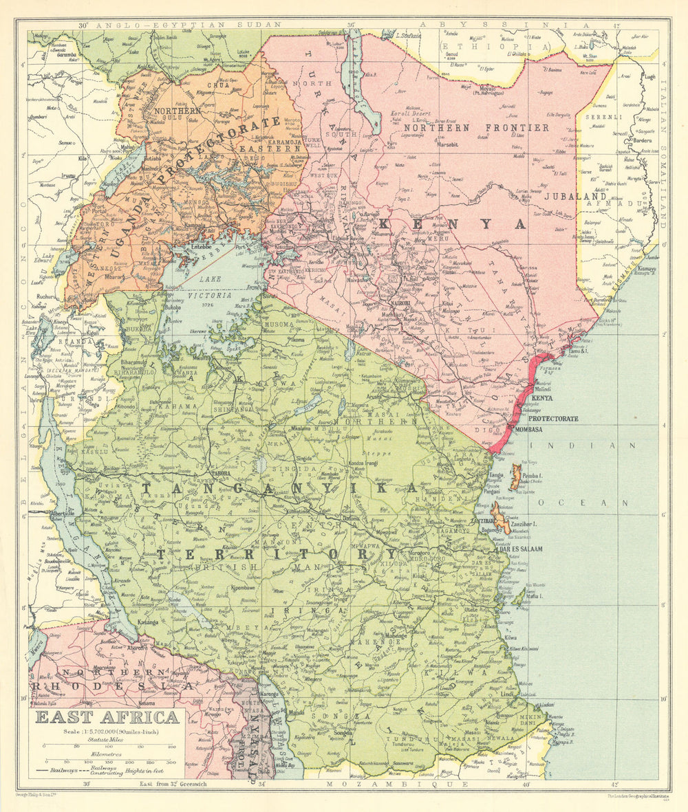 East Africa. Kenya Tanganyika Territory Uganda Protectorate. Tanzania 1938 map