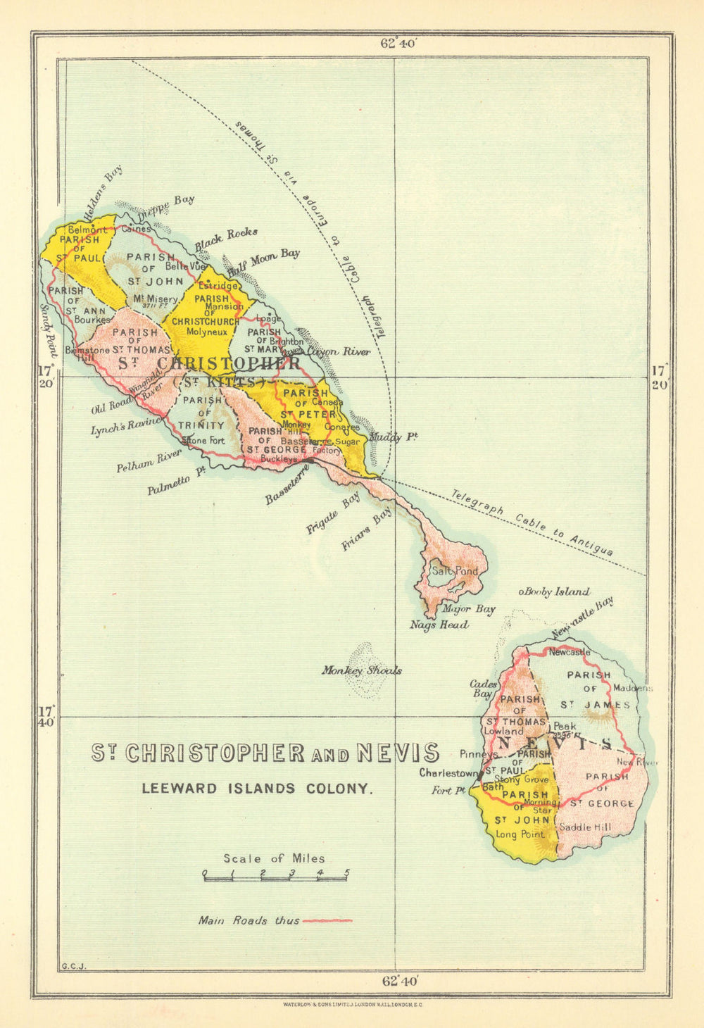 St. Christopher (Kitts) & Nevis, Leeward Islands Colony by Waterlow 1938 map