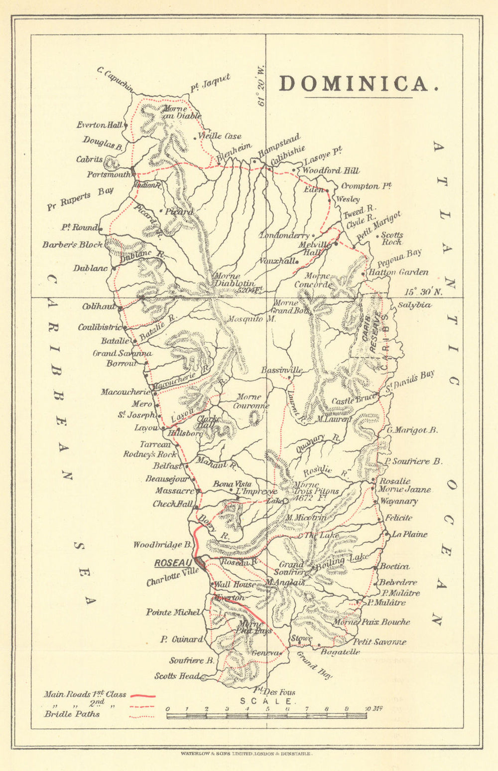 Dominica by Waterlow & Sons. Roads & bridle paths 1938 old vintage map chart