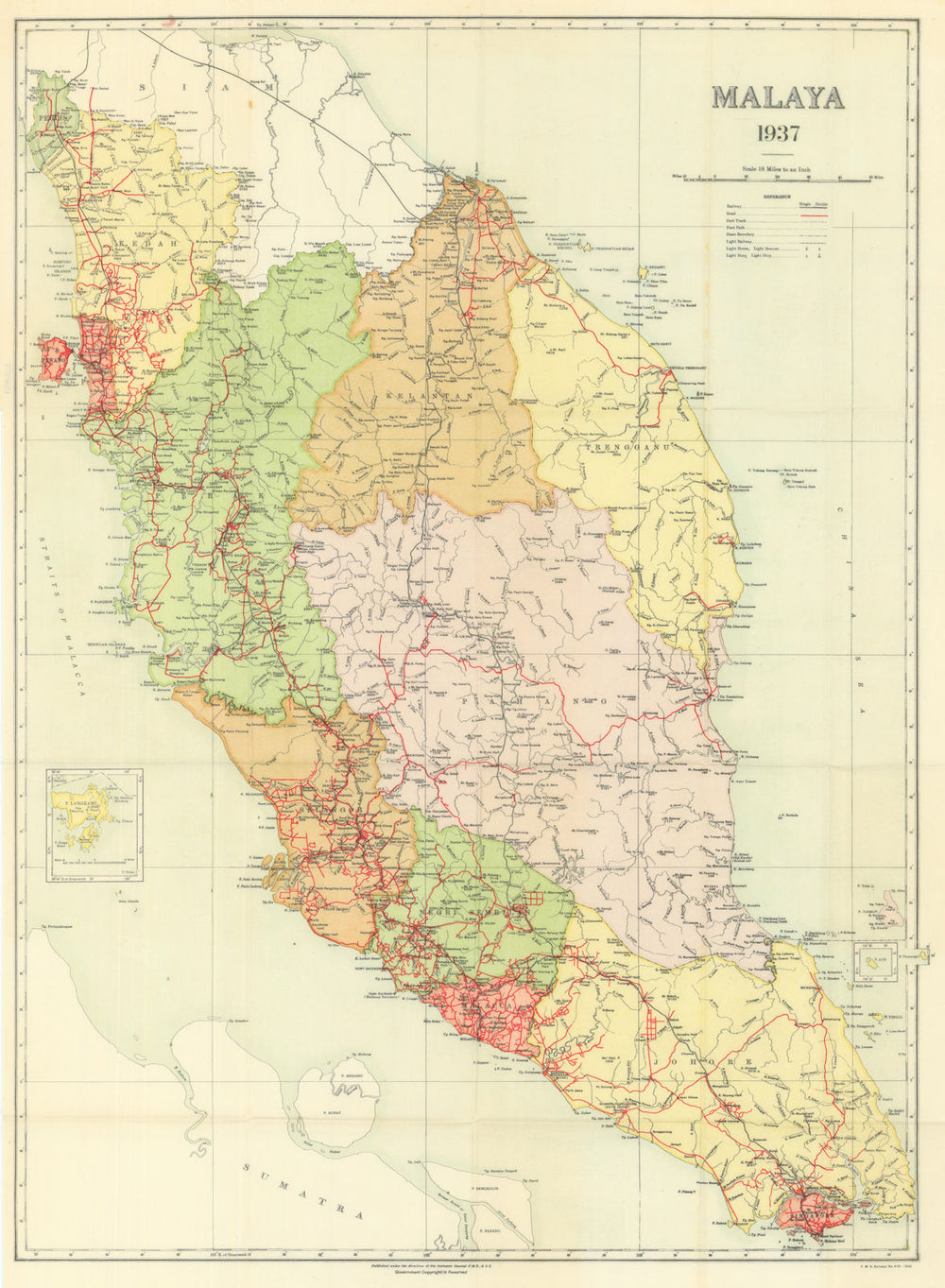 Malaya by the Surveyor General. Roads, railways & cart tracks 1938 old map