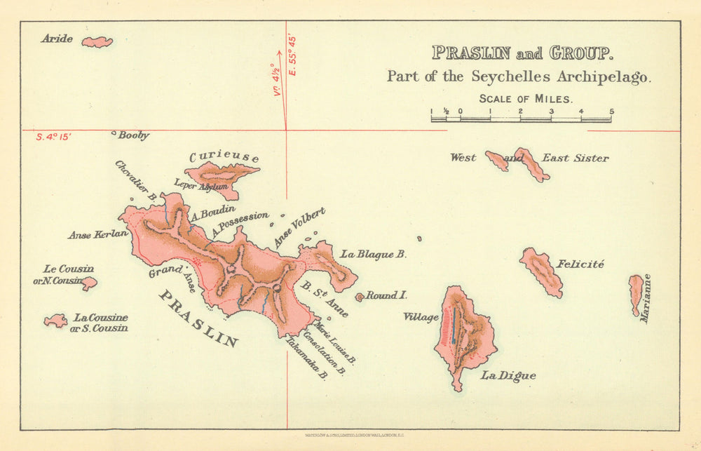 Praslin & Group, part of the Seychelles Archipelago by Waterlow & Sons 1938 map