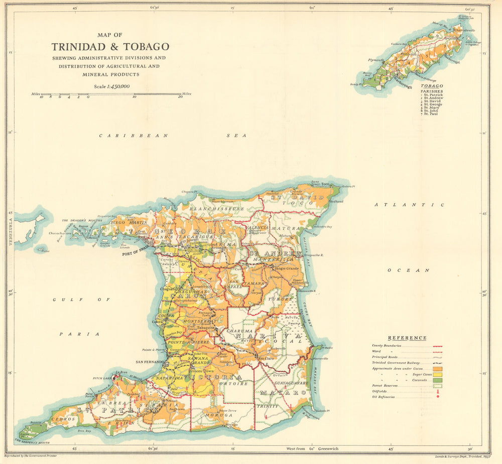 Trinidad & Tobago. Cocoa, sugar cane & coconut plantations. Oil fields 1938 map