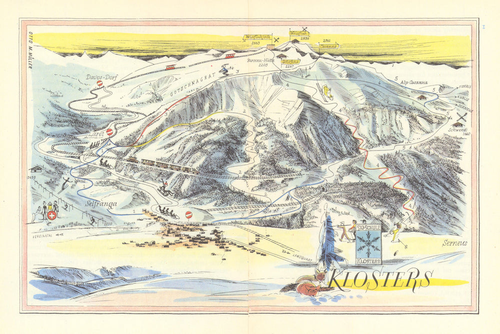 Klosters ski resort piste/trail map by Otto Müller. Switzerland 1949 old