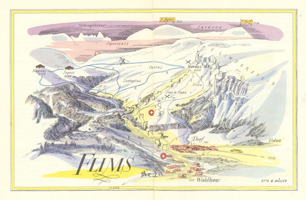 Flims ski resort piste/trail map by Otto Müller. Switzerland 1949 old
