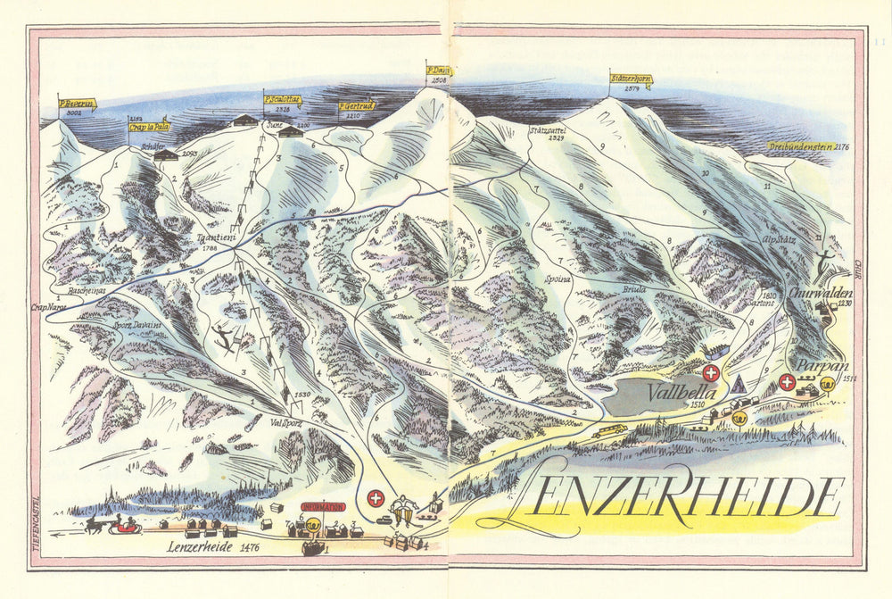Lenzerheide Vallebella ski resort piste/trail map by Otto Müller 1949 old