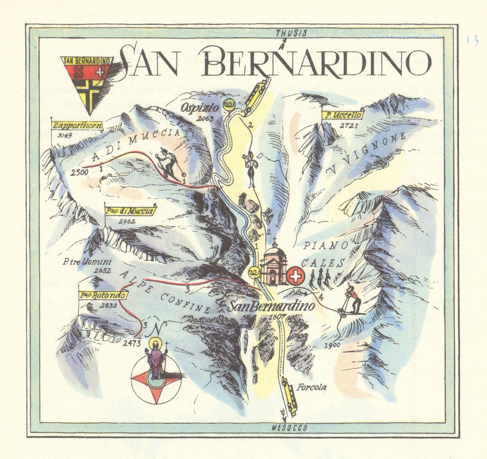 San Bernadino small ski resort piste/trail map by Otto Müller 1949 old