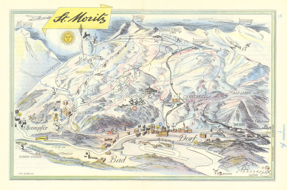 St. Moritz ski resort piste/trail map by Otto Müller. Switzerland 1949 old