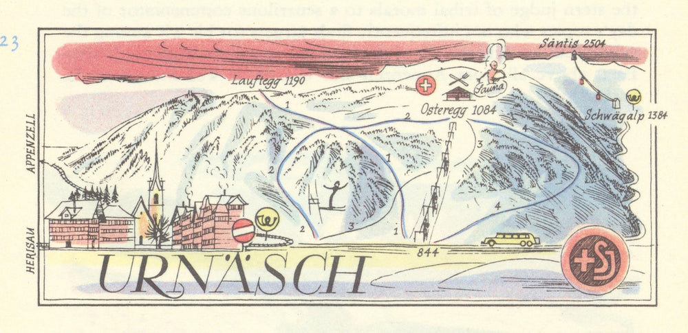 Urnasch small ski resort piste/trail map by Otto Müller. Switzerland 1949