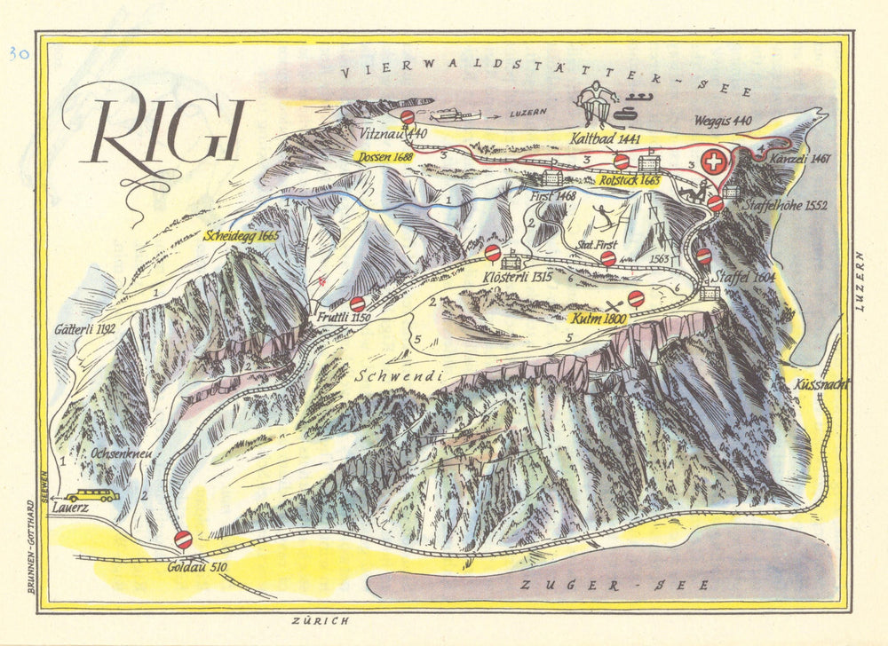 Rigi small ski resort piste/trail map by Otto Müller. Switzerland 1949 old