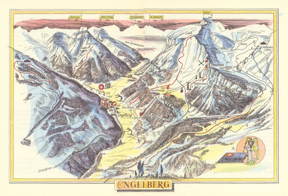 Engelberg ski resort piste/trail map by Otto Müller. Switzerland 1949 old