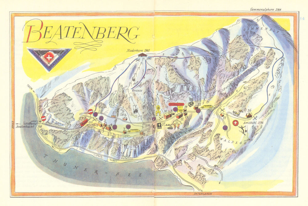 Beatenberg ski resort piste/trail map by Otto Müller. Switzerland 1949 old