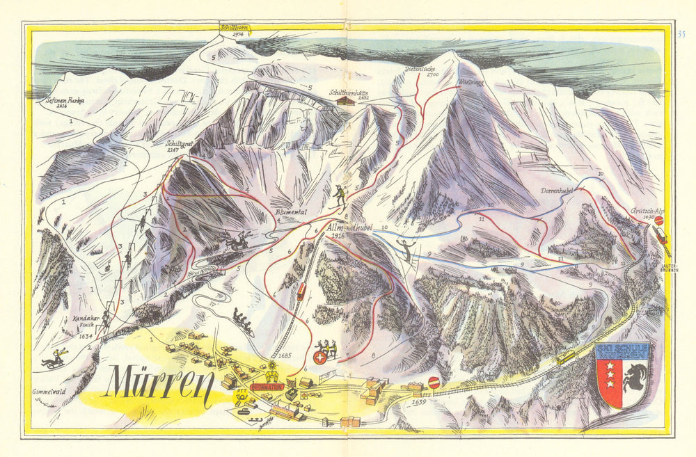 Mürren ski resort piste/trail map by Otto Müller. Switzerland 1949 old