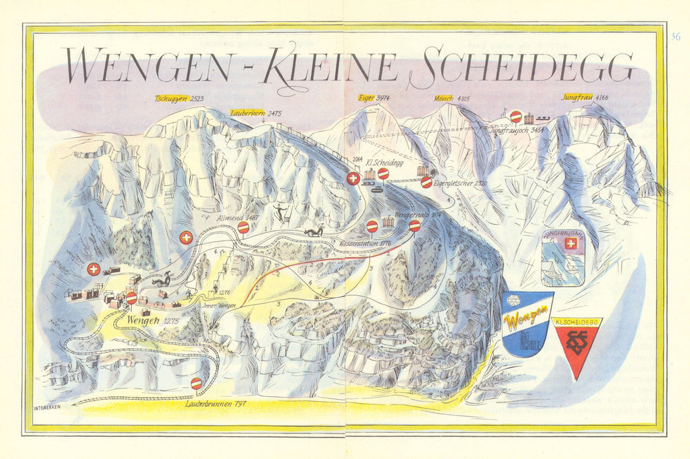 Wengen-Kleine Scheidegg ski resort piste/trail map by Otto Müller 1949 old