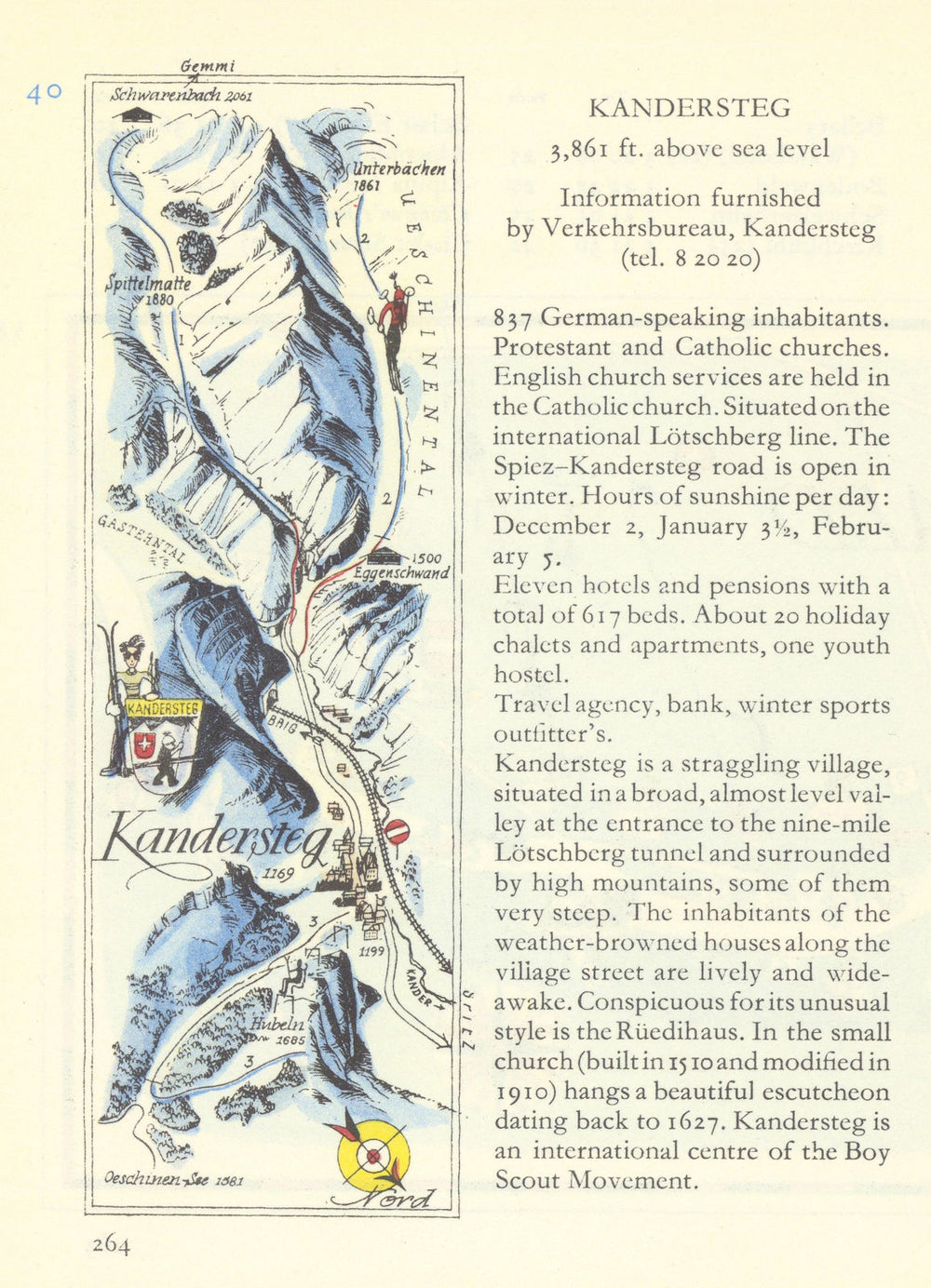 Kandersteg small ski resort piste/trail map by Otto Müller. Switzerland 1949