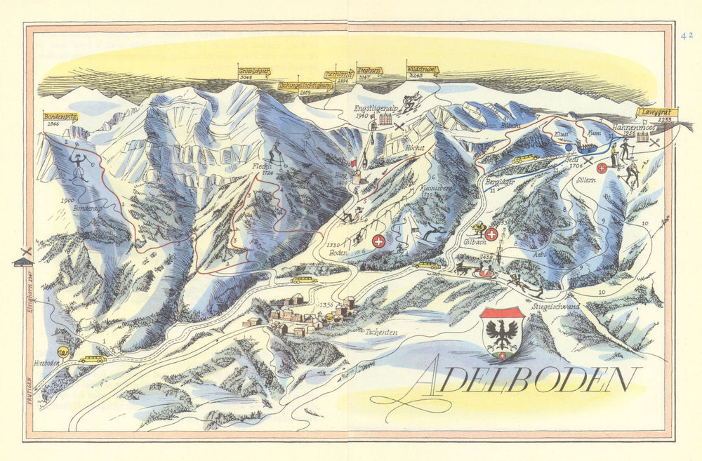 Adelboden ski resort piste/trail map by Otto Müller. Switzerland 1949 old