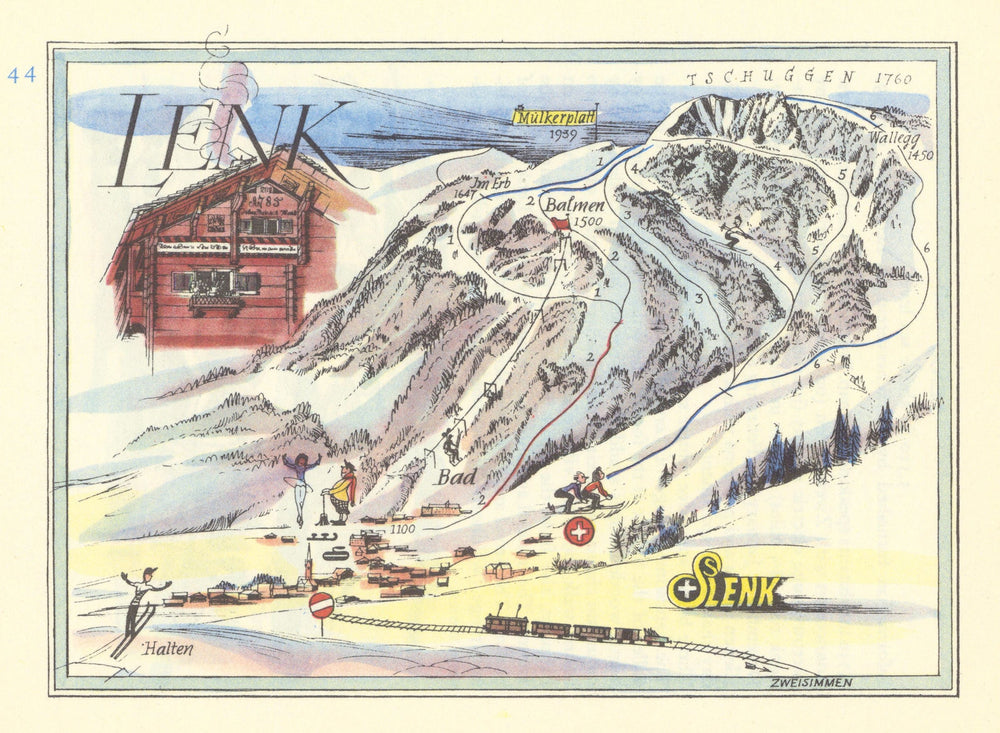 Lenk small ski resort piste/trail map by Otto Müller. Switzerland 1949 old