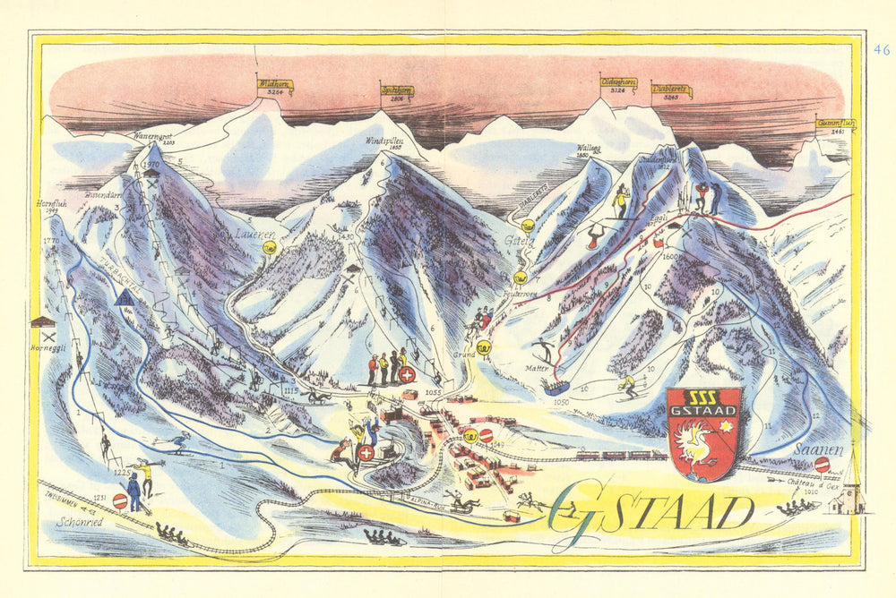 Gstaad ski resort piste/trail map by Otto Müller. Saanen. Switzerland 1949